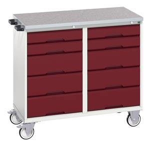 16927100.** verso maintenance trolley with 10 drawers and lino top. WxDxH: 1050x600x980mm. RAL 7035/5010 or selected